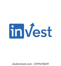 The image shows a flat word mark logo design that said invest in blue color with an upward arrow on the letter v. The logo looks clean on a white background and can be used for investing related purpo