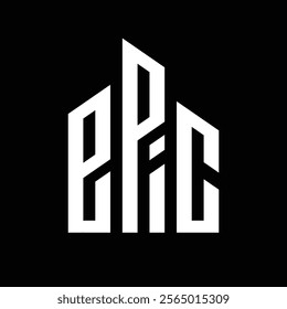 The image shows a flat wordmark logo design of letters EPIC that forms a tall building block shape in white color that looks sharp and bold on a black background