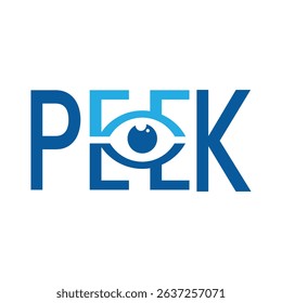 The image shows a flat wordmark logo design of the word PEEK with an eye shape on both letters E. The logo looks good in blue color combo and on a white background.
