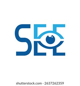 The image shows a flat wordmark logo design of the word SEE with an eye shape on both letters E. The logo looks good in blue color combo and on a white background.

