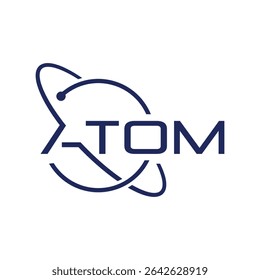 The image shows a flat wordmark logo design of the word ATOM with round orbital circle in dark color that looks clean on a white background 