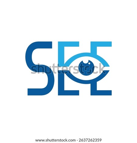 The image shows a flat wordmark logo design of the word SEE with an eye shape on both letters E. The logo looks good in blue color combo and on a white background.

