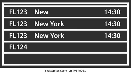 The image shows a flight information display with flight numbers, destinations, and times.