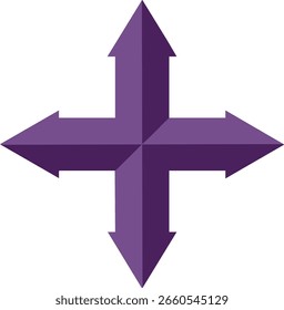 La Imagen muestra cuatro flechas que apuntan hacia arriba, hacia abajo, hacia la izquierda y hacia la derecha en color púrpura que representan los conceptos de navegación, dirección o movimiento. Diseño simple y claro para un uso versátil. Sentimiento tranquilo y concentrado.