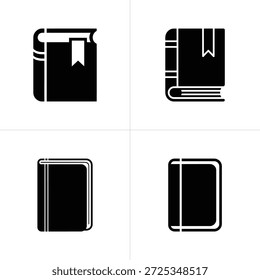 Image shows four black book icons with different designs, some with bookmarks, all set against a clean white background. Simple style.