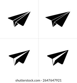 Image shows four black paper airplane icons against a white background, presented in a grid. Each icon has a slightly different design, resembling origami art and flight.