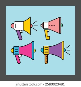 The image shows four colorful megaphones, suggesting the concept of announcements or communication