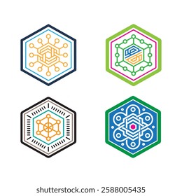 The image shows four distinct hexagonal logos with intricate designs, each featuring a unique combination of geometric shapes and lines, representing modern technology and connectivity.