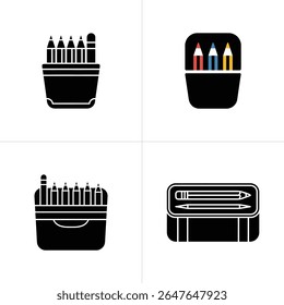The image shows four distinct silhouettes of pencil and crayon holders. These include standing arrangements, a colorful set, and a compact case with pencils.