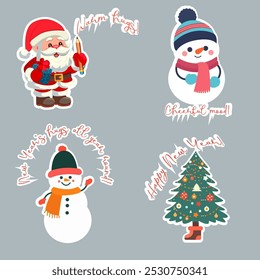 The image shows four festive New Year stickers: Santa with "Warm hugs!", a snowman saying "Cheerful mood!", another snowman with "New Year's hugs all year round!", and a decorated Christmas tree with 