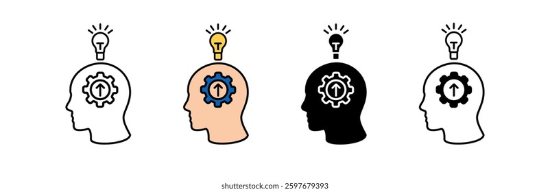 Image shows four human head profiles with gears and light bulbs. represents ideas and creativity.