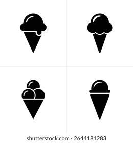 Image shows four ice cream cone icons in black on white. Includes single scoop, dripping, multiple scoop, and simple cone designs for various dessert themes.