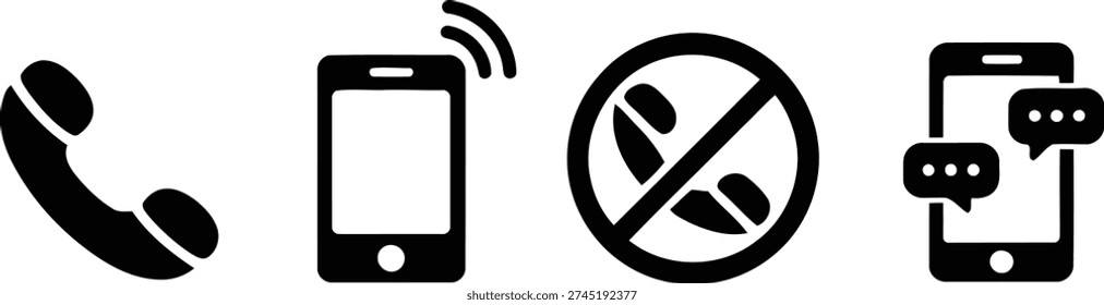 The image shows four icons in a row, each representing different aspects of communication. The first icon is a traditional telephone handset, symbolizing landline calls. The second icon depicts a smartphone with signal bars, indicating mobile communication. The third icon is a prohibition sign over a speech bubble, suggesting a restriction on communication or speech. The fourth icon shows a smartphone with two speech bubbles, representing messaging or texting.