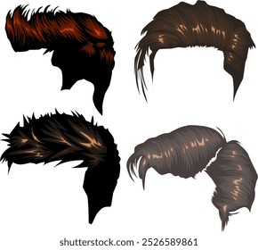 The image shows four illustrated hairstyles, all on a white background. The picture includes four different hairstyles, each with a different color and style. 