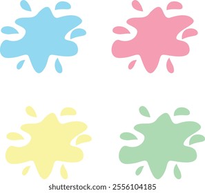 The image shows four paint splatters in different colors. The splatters are pink, yellow, blue and green. 