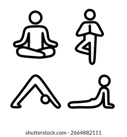 The image shows four simple black-and-white line icons representing different yoga poses