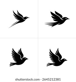 Image shows four stylized black bird silhouettes in flight, each having distinct wing and tail features, against a stark white background, minimalist aesthetic.