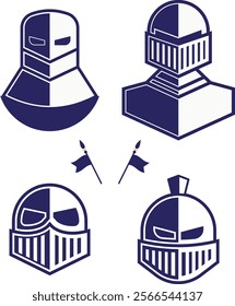 The image shows four stylized knight helmets and two crossed spears with flags in a minimalist geometric style.