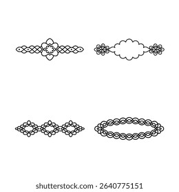 The image shows four unique black and white decorative design elements, perfect for borders, dividers, or embellishments in various creative projects.