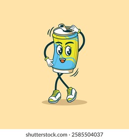 The image shows a fun cartoon character of a soda can dancing with a happy expression.