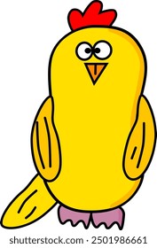 The image shows a funny cartoon character in the form of a yellow chick with a red comb on its head, large eyes, a small triangular orange beak, and downward-pointing wings. The chick is standing on i