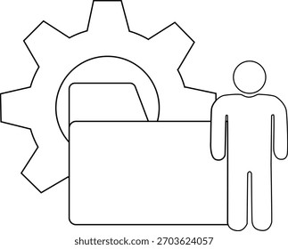 The image shows a gear a folder and a person icon all depicted as simple line drawings