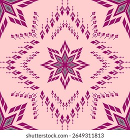 The image shows a geometric fabric pattern in pink and deep purple, featuring an eight-pointed star in the center surrounded by symmetrical arrangements of diamond shapes and linear motifs.