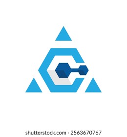 The image shows a geometric logo design of a hexagonal icon inside a triangle shape that looks clean and sharp in blue color on a white background