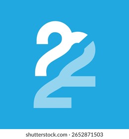 A imagem mostra um design de logotipo geométrico de um número 222 em azul e branco em estilo plano simples que parece limpo e moderno em um fundo azul claro