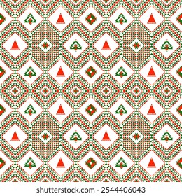 The image shows a geometric pattern with Christmas-themed shapes in red, green, and white. It includes stylized trees and triangles within diamond shapes, creating a festive, symmetrical design.Vector