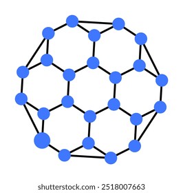 A figura mostra uma estrutura geométrica que se assemelha a uma esfera, formada por pontos azuis conectados por linhas pretas. Isso representa estruturas moleculares, química, física e temas de conectividade de rede.