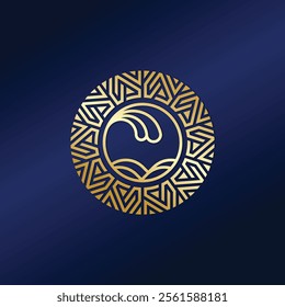 The image shows a gold circular emblem with a stylized wave design in the center, surrounded by an intricate geometric pattern, set against a dark blue background.