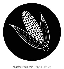 A imagem mostra uma representação gráfica de uma orelha de milho com sua casca, tudo em um contorno branco nítido. Isso é definido contra um plano de fundo circular preto sólido.