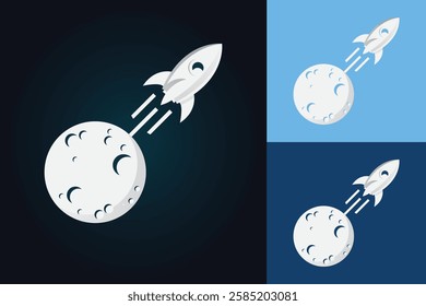 The image shows a graphic design of a rocket ship take off from Moon surface on a black background