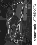 The image shows a grayscale map of Donington Park race track. The track is outlined in white, winding through the landscape. Buildings and other structures are visible within and around the track.