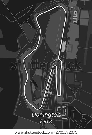 The image shows a grayscale map of Donington Park race track. The track is outlined in white, winding through the landscape. Buildings and other structures are visible within and around the track.