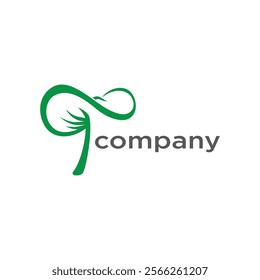 The image shows a green abstract logo resembling a mushroom.