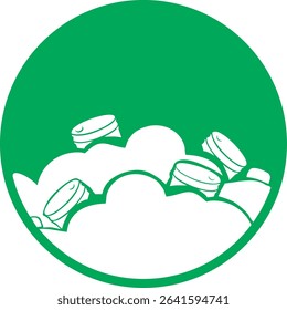 The image shows a green circle with several white cans or barrels arranged in a pile, symbolizing recyclable metal waste or industrial material