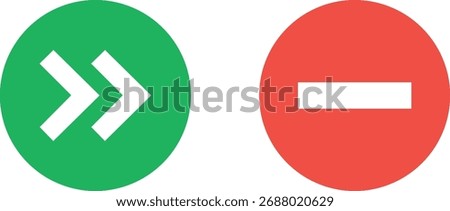 The image shows a green circle with white arrows and a red circle with a white dash.