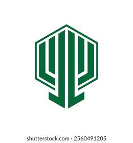 The image shows a green geometric logo resembling a stylized tree or building with symmetrical vertical lines and an arrow-like base, enclosed within a hexagonal border.