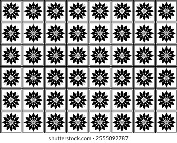 The image shows a grid of 8 rows and 8 columns, each cell containing a black and white floral pattern. The pattern consists of a symmetrical, radial design resembling a flower with multiple petals.