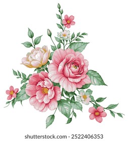 The image shows a group of flowers, specifically garden roses, with petals in various colors. It features an arrangement of floral design showcasing different varieties of roses.