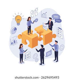 The image shows a group of people collaboratively working on a business strategy, represented by puzzle pieces, with icons symbolizing ideas, progress, and communication.
