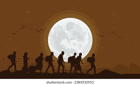 The image shows a group of people, silhouettes, walking in a line in front of a bright full moon. The ground is covered in snow, and the people are wearing snowshoes. The image is dark and atmospheric