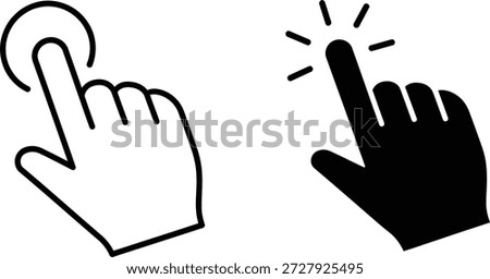 Image shows a hand outlined in white pressing a button, alongside a solid black hand with emanating rays, both indicating touch or selection on white background.