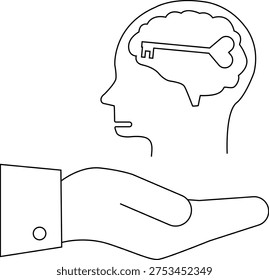 Image shows a hand presenting a head the brain containing a key