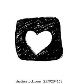 The image shows a hand-drawn black square frame with a white heart shape cut out in the center.