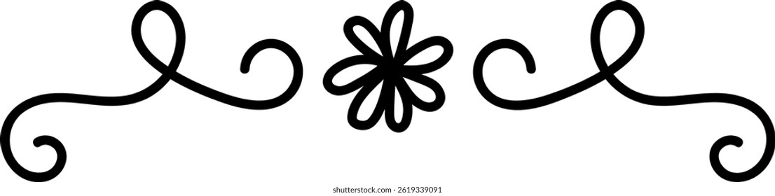 The image shows a hand-drawn style border floral motifs and swirling lines.  A simple line art piece uses elegant curves and a central blossom to create a decorative frame. Cartoon vector illustration