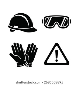 Das Bild zeigt einen harten Hut, eine Sicherheitsbrille, Handschuhe und ein Warnzeichen. Sicherheitseinrichtungen werden angezeigt.