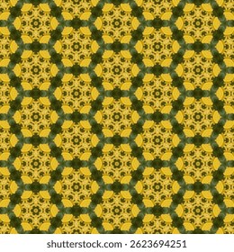 The image shows a hexagon pattern with a yellow border. Inside the hexagon are small circles and flower-like petals. The dark green background makes this shape stand out.